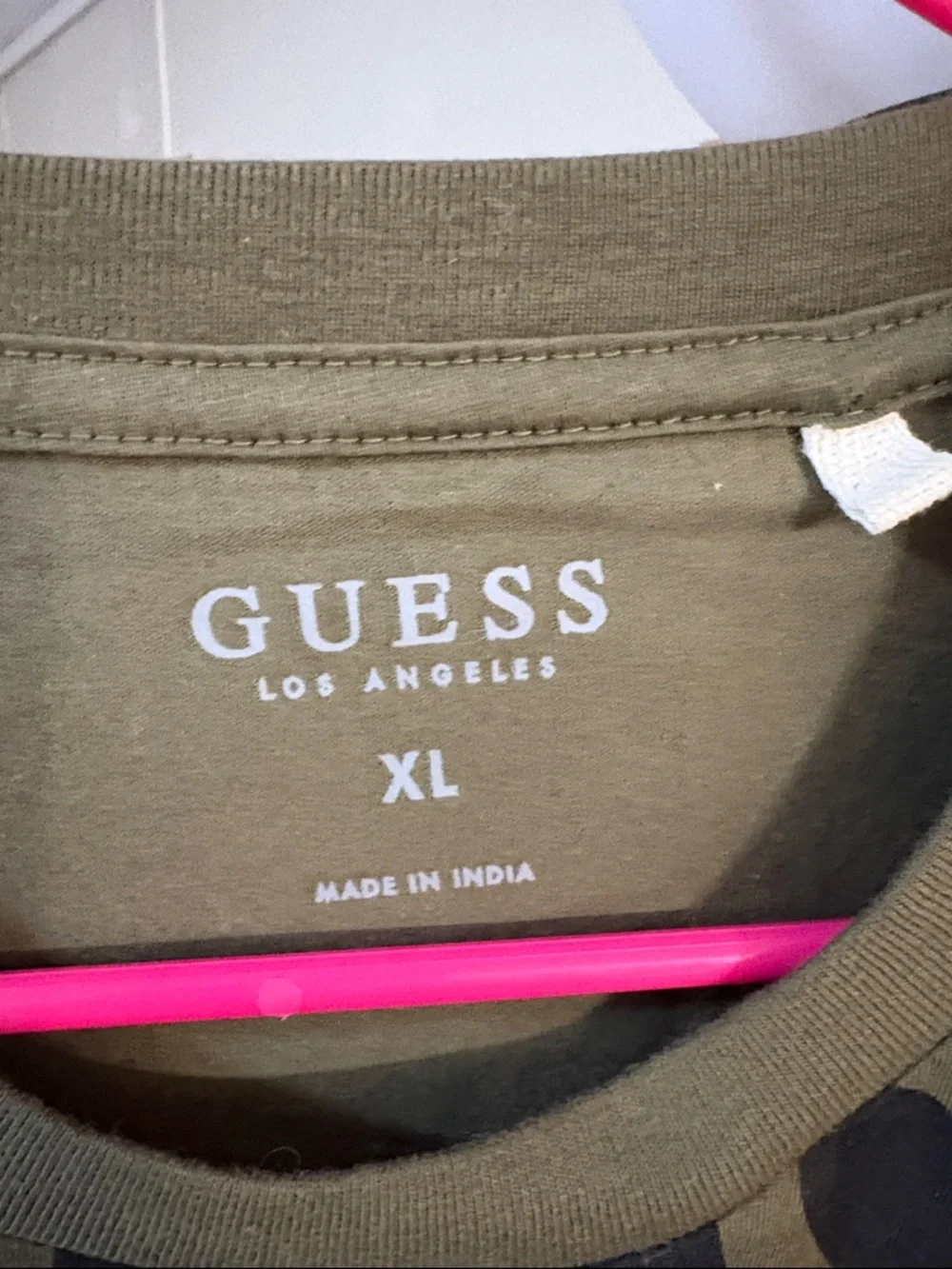 GUESS Olive Green Graphic Logo Tee with Yellow Print - Picture 2 of 3